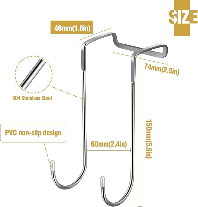 Tinfol 4 Pack Over The Door Hooks, Heavy Duty Stainless Steel Adjustable Double Hangers for Kitchen, Bathroom, Wardrobe, Office (Silver)