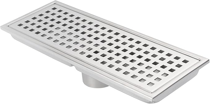 12 Inch Rectangular Shower Floor Drain, Detachable to Insert The Mesh Grille Cover, SUS304 Stainless Steel, Brushed Nickel
