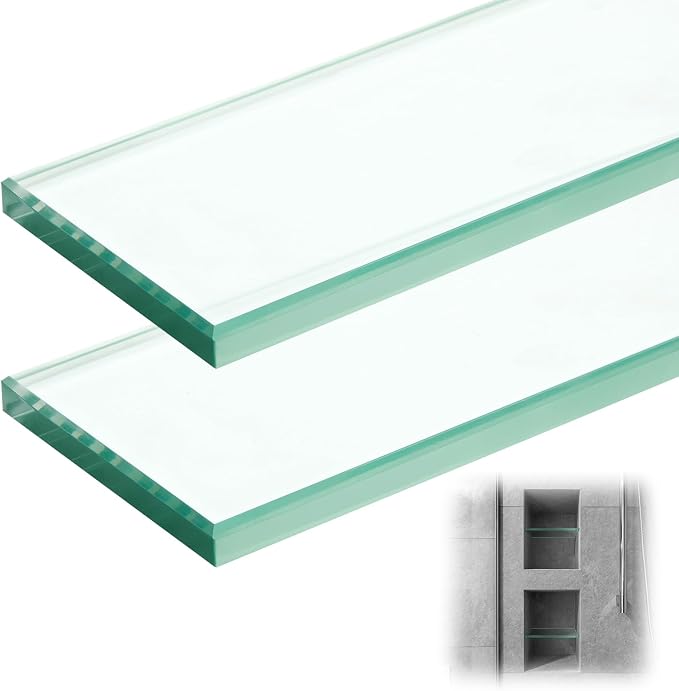 AceOrbit 2 Pcs 3-1/8 x 12-3/4 x 3/8 Inch Glass Shower Shelf for Shower Niche Break-Resistant Easy Install Clear Glass Support for DIY Storage Decor