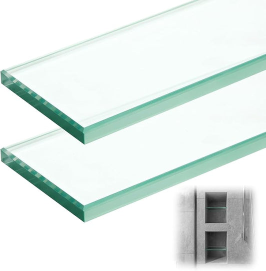 AceOrbit 2 Pcs 3-1/8 x 12-3/4 x 3/8 Inch Glass Shower Shelf for Shower Niche Break-Resistant Easy Install Clear Glass Support for DIY Storage Decor