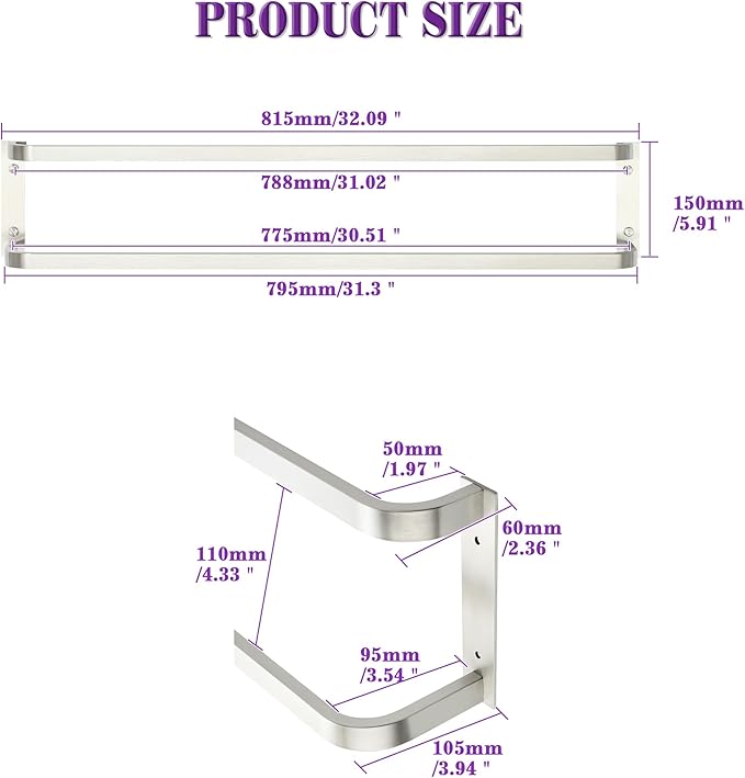 Alise Double Towel Bars 32 Inch, Double Towel Rack for Bathroom Stainless Steel Bathroom Towel Rack Wall Mounted Towel Holder, Brushed Nickel