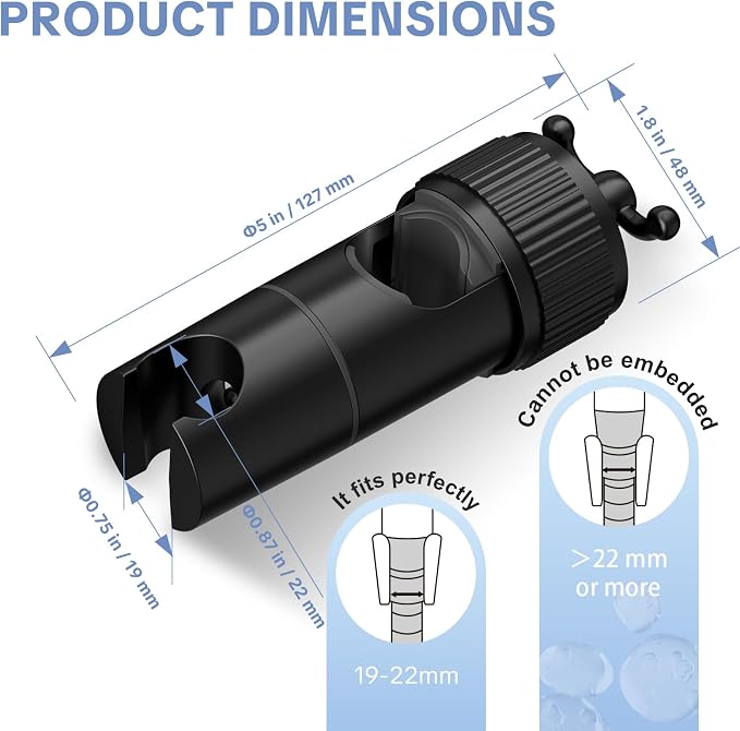 OFFO Shower Head Holder, Adjustable Handheld Shower Head Holder with 2 Hooks for 0.75-0.87 in Shower Hose, 360 Degree Rotation Shower Handle Holder for 0.63-1.1 in O.D. Shower Slide Bar, Matte Black