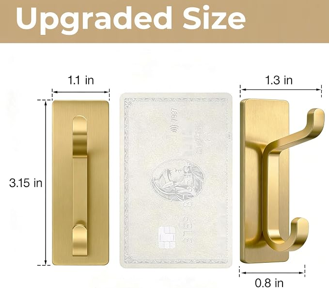 Self Adhesive Wall Hooks for Hanging: Extra Strong 13 LB, Hook for Coat, Towel in Bathrooms, Shower, Kitchen, Wall, Door Hook, Brushed Gold 4 Pack
