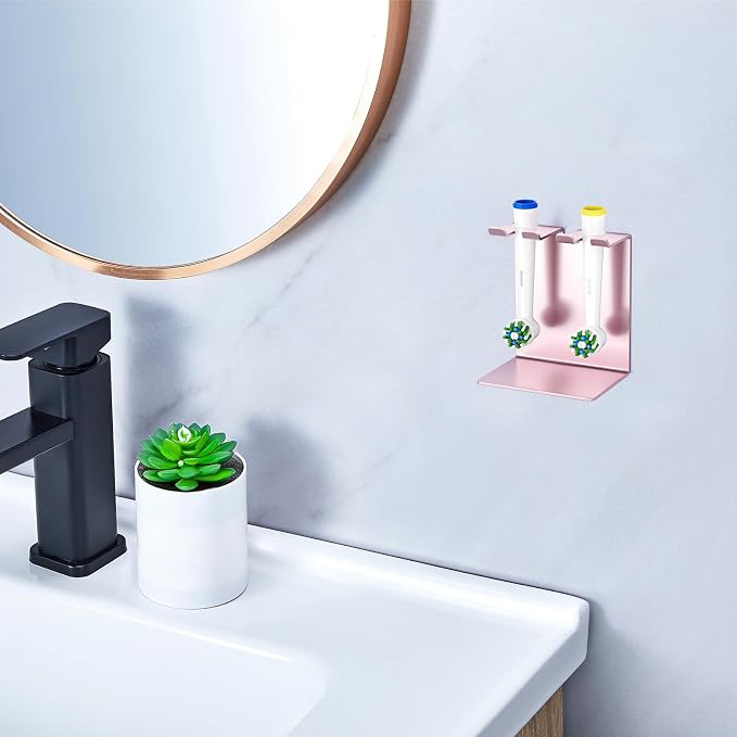 Electric Toothbrush Head Holder, Oukimly Toothbrush Holder Wall Mounted or Desktop, Metal Tooth Brush Holder, Shower Brush Head Holder, Electric Toothbrush Holder for Bathroom (Rose Gold, Small)