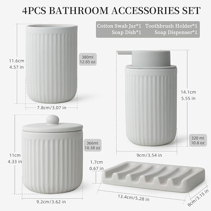 BosilunLife Light Grey Ceramic Bathroom Accessories Set of 4 | Bathroom Decor Sets Accessories Bathroom Foam Soap Dispenser and Toothbrush Holder Set, Soap Dish, Apothecary Jars.(Foam)
