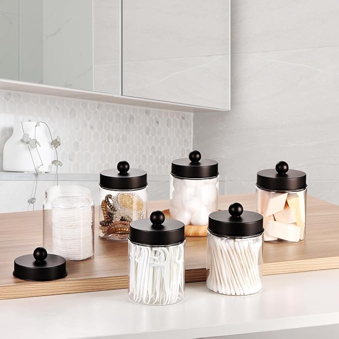 Amolliar Acrylic Apothecary Jar Bathroom Qtip Holder Bronze 4 Pack | for Bathroom Storage Vanity , Countertop, Farmhouse Style, Holds Cotton Swabs, Dental Floss, Makeup Sponges,Home Decor