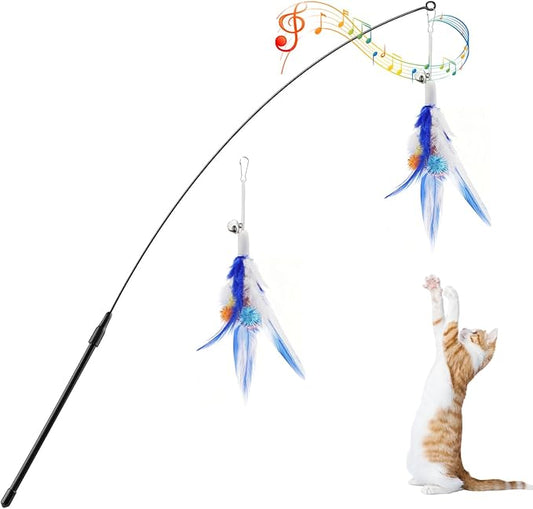 Pawaboo Cat Feather Wand Interactive Toy, 2 Feathers + 1 Wand with Bell | Cat Feather Teaser Toys Flying Catcher Extra Long 34.5" Wand Exerciser Playing Chase Cat Toy Wands for Kitten, Blue
