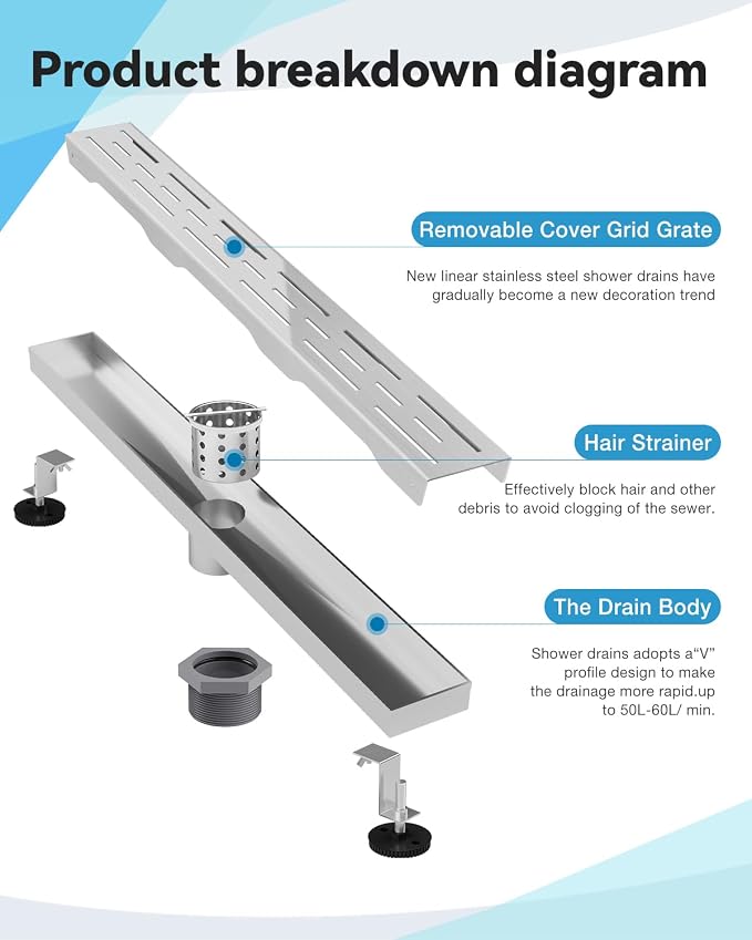 Shower Drain Stainless Steel for Bathroom: Brushed Nickel Linear Shower Drain 48 Inch with Removable Brick Pattern Grate - Adjustable Rectangular Shower Floor Drain with Hair Strainer