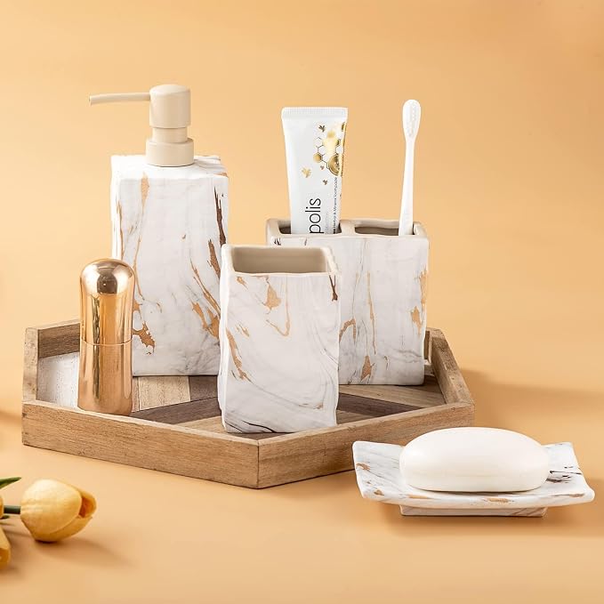 RQYIXI Ceramic 4-Piece Bathroom Accessories Set, Gold, Marble Design | marble look ceramic square design unique veining pattern modern countertop organization
