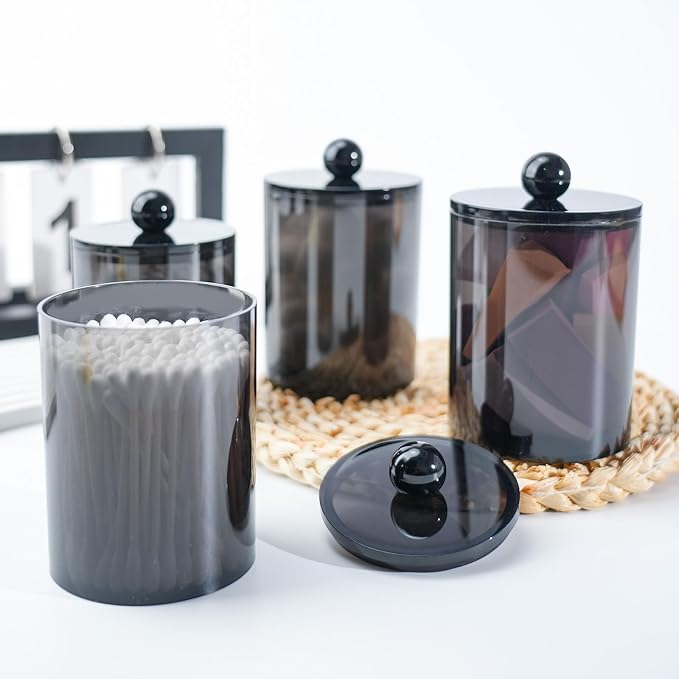 6 Pcs Acrylic Qtip Holder, Cotton Ball Holder Jars with Lids, Black | Apothecary Jars for Cotton Swabs, Balls, Pads and Floss Picks, Bathroom Vanity Organizer