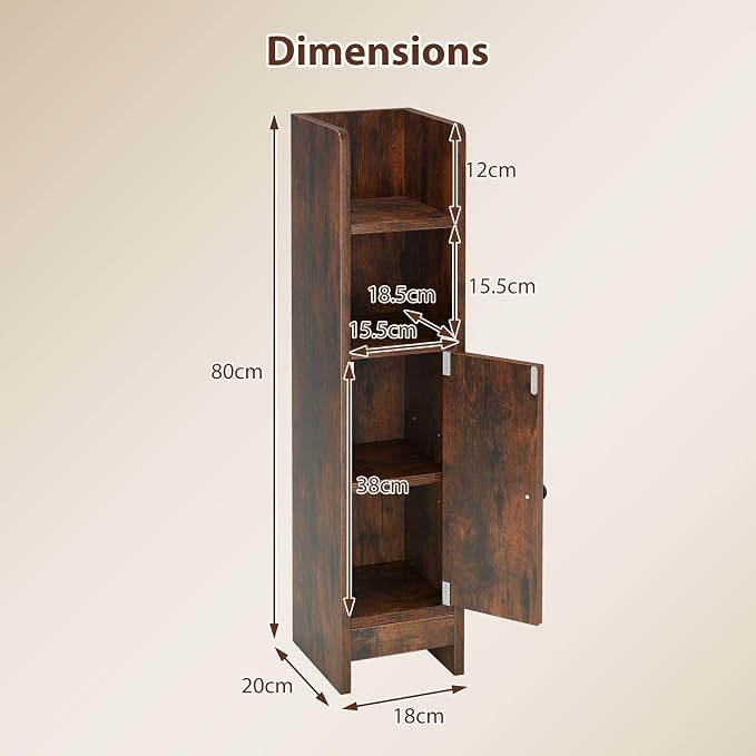 GIANTEX Bathroom Cabinet, Narrow Side Cabinet with Adjustable Shelf, Bathroom Cabinet, Space Saving, Storage Cabinet for Laundry Room, Living Room & Kitchen, 20 x 18 x 80 cm (Brown)