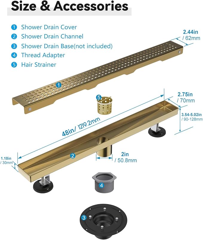 Linear Shower Drain, 48 Inch Titanium Gold Shower Drain with Removable Square Hole Cover Grate, Bathroom 304 Stainless Steel Brushed Gold Shower Floor Drain with Adjustable Feet,Hair Filter