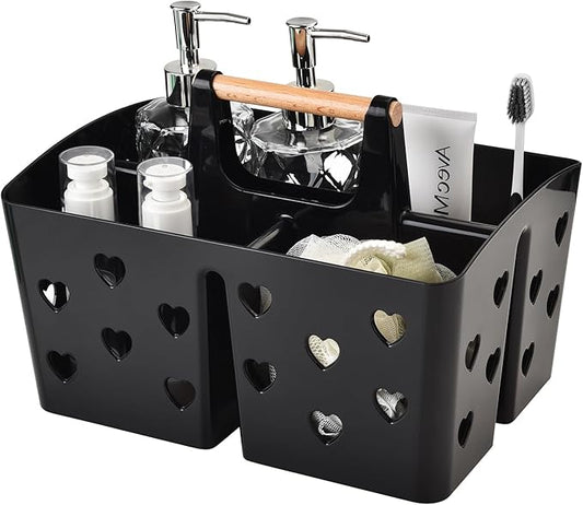 NINU Black Portable Shower Caddy with Handle, Plastic Shower Tote Basket with Divided Compartments and Drainage Holes, Bathroom Caddy Organizer for College Dorm, Gym, Camping, Shared Bathroom
