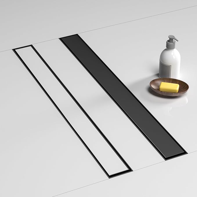 BARONAGE 32 Inch Linear Shower Drain, Rectangle Shower Floor Drain with 2-in-1 Flat & Tile Insert Cover, 304 Stainless Steel Bathroom Drains with Hair Catcher and Leveling Feet (Matte Black)