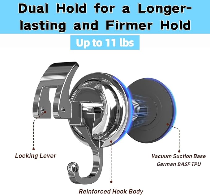 Suction Cup Hooks for Shower, Bathroom, Kitchen, Glass Door, Mirror, Tile – Loofah, Towel, Coat, Bath Robe Hook Holder for Hanging – Waterproof Wreath Hanger (4, Silver)