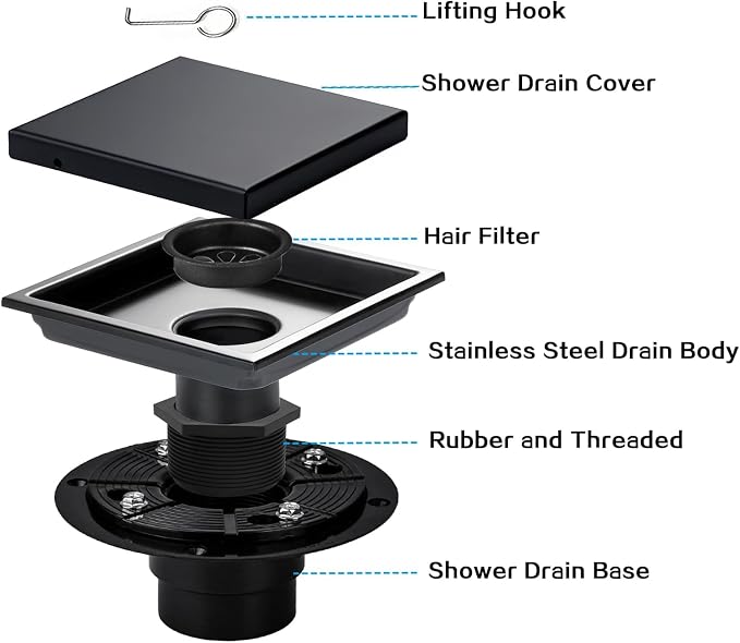 Linear Shower Drain, 6 in Shower Drain with Tile Insert 2-in-1 Panel, Brushed 304 Stainless Steel Shower Drain, Linear Drain with Hair Strainer and Adjustable Feet