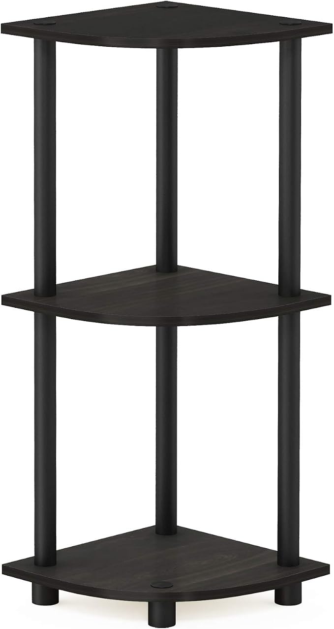 Furinno TURN-N-TUBE Corner Shelf, 3-Tier Corner Bookshelf, Display Storage Shelves with Open Shelves, for Organization and Storage, Living Room, Home Office, Garage, Espresso