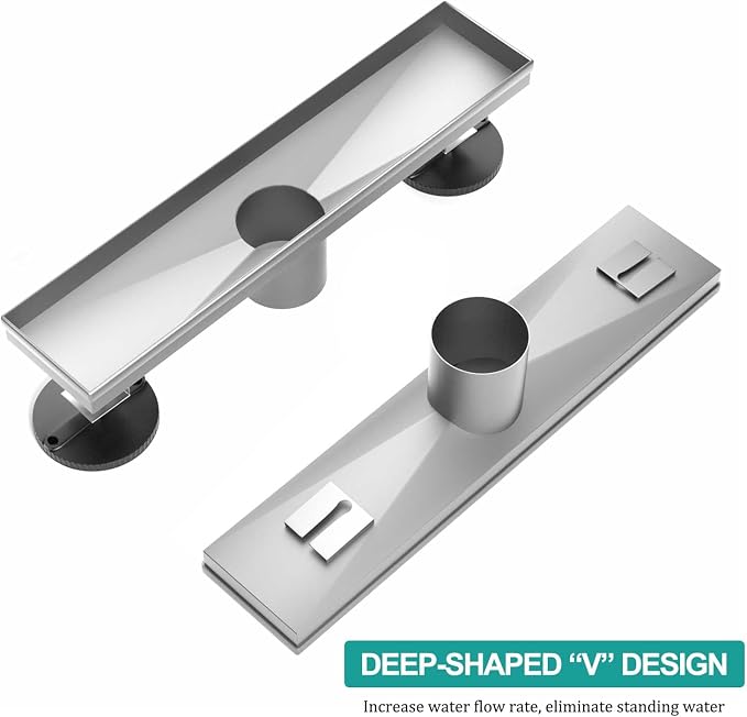 BARONAGE 12 Inch Linear Shower Drain Reversible Tile Insert, Brushed Nickel | 304 Stainless Steel Linear Drains, Rustproof, Hair Catcher, Rectangle Shower Floor Drain With Leveling Feet For Bathroom