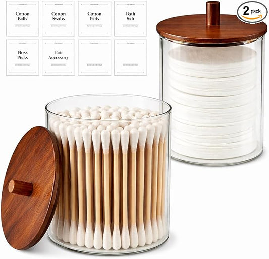 15oz & 10oz Glass Qtip Holder with Acacia Wood Lids, 2 Pack Apothecary Jars | Small Glass Dispenser Jars with Labels, for Cotton Swabs, Cotton Balls, Pads, Floss Picks, Toothpicks, Vanity Organization