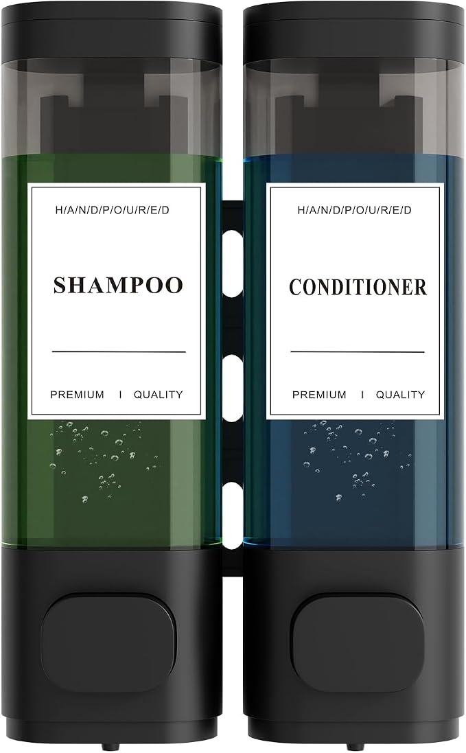 Shampoo and Conditioner Dispenser – Wall-Mounted Shower Soap Dispenser, No-Drill Installation, Lockable, 900 ml Capacity,for Bathroom & Hotel or Airbnb (Black, 2-Pack)