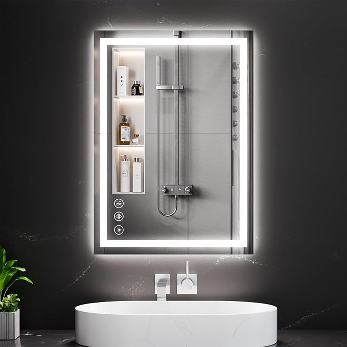 Koonmi 28x20 LED Bathroom Mirror with Light, Anti-Fog, 3 Colors | Backlit + Front Lit, Dimmable Brightness, Shatterproof HD Distortion-Free Tempered Glass, Hardware Included