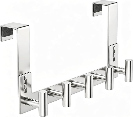 PMMASTO Over The Door Hooks, Fits 1-3/4" Thick Door No Drill Hooks for Closet Bathroom Bedroom Organization, Hanger for Coat Towel Robe (Polished Silver, 5 T-Hooks)