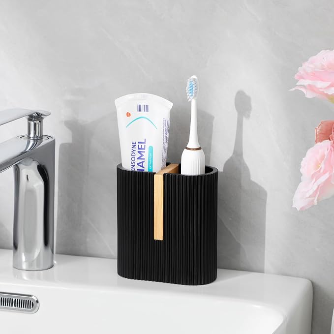 rejomiik Matte Black Toothbrush Holders Electric Toothbrush Holder for Bathrooms, Bamboo Tooth Brushing and Toothpaste Storage Organizer for Sink, Countertop