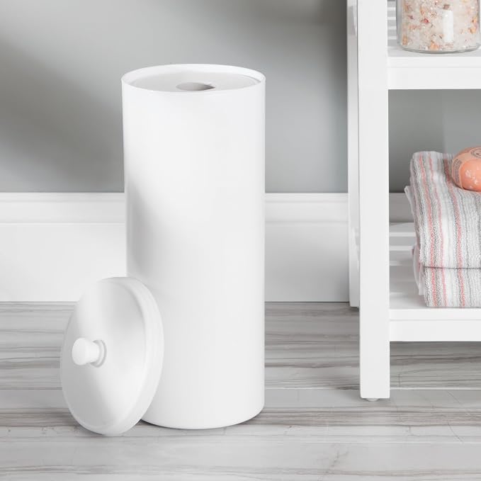 iDesign Freestanding Bathroom Toilet Paper Storage Holder, 2-Pack, White | With Lid, Holds 3 Extra Rolls