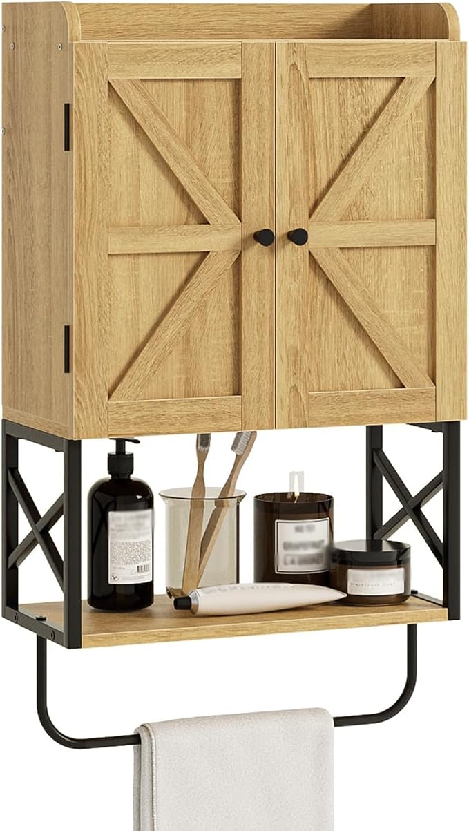Masupu Bathroom Cabinet Wall Mounted, Wooden Medicine Cupboard with Adjustable Shelves, Space-Saving Wall Storage Unit for Bathroom, Kitchen and Living Room (9" D x 15.35" W x 27.16" H,Countrye Oak)
