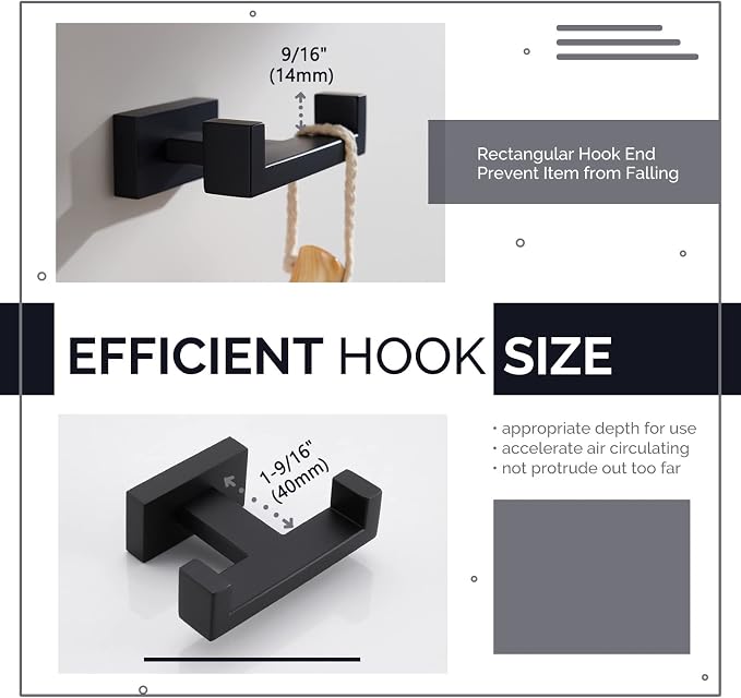 Angle Simple Double Towel Hook Matte Black, SUS304 Stainless Steel Bathroom Towel Holder, Coat Robe Hook Wall Mount