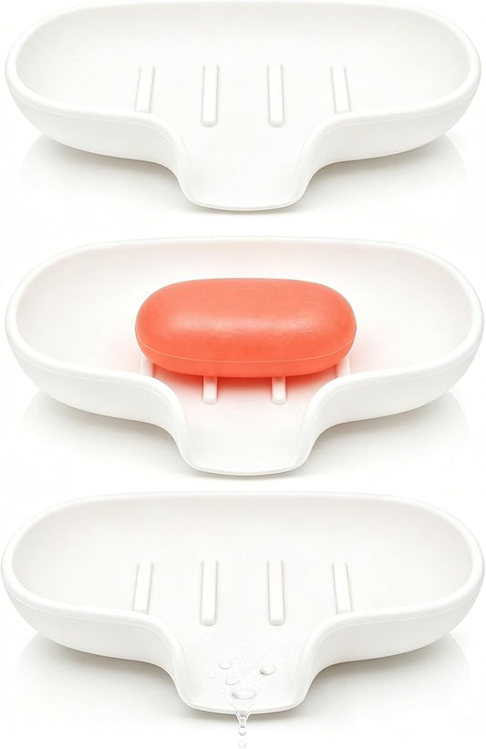 3 Pack Soap Bar Holder, AIMAIAIMAI Self Draining Soap Dish, Quick Drainage, Soap Dishes for Bathroom, Shower, Silicone Soap Tray for Kitchen, Dishwasher Safe (White)