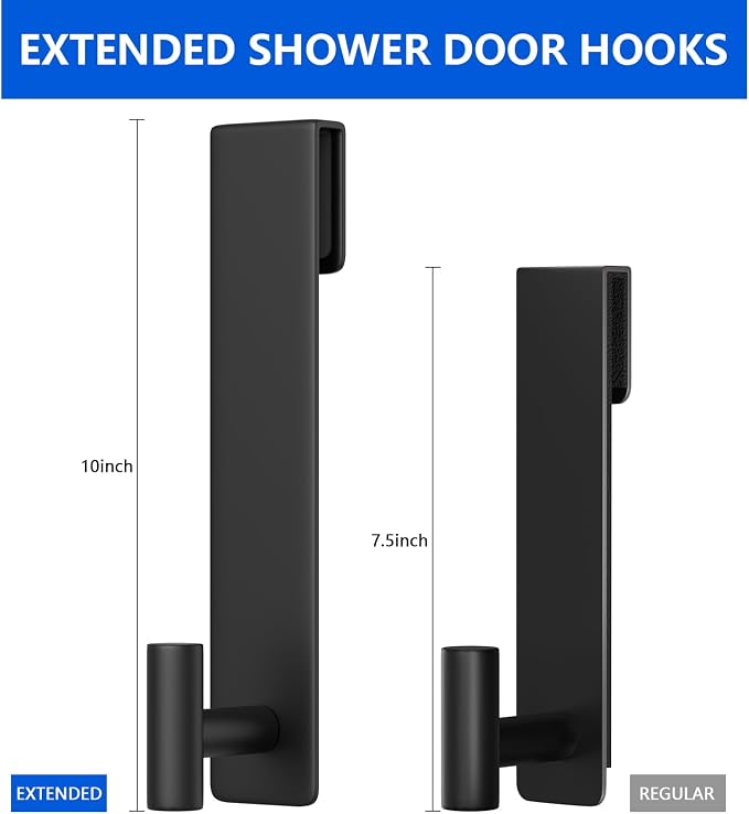 PMMASTO 10 Inch Extended Shower Door Hooks for Frameless Glass Bathroom, Stainless Steel Heavy Duty Over Door Towel and Robe Hanger (Black, Fits 3/8" Thick Door- T Shape)