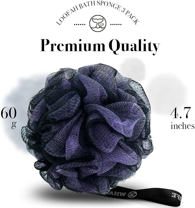 Loofah Sponge Bath Sponge for Women Men 4 Pack (Purple Blue Red Green) | 10X Suds Save Body Wash Double Knotted Anti Tear Core Fast Dry Cotton Loop Stay Fresh Large Mesh for Sensitive Skin