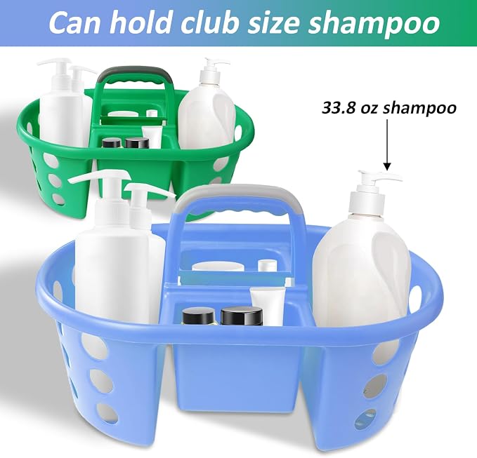 SIMPLYKLEEN Large Shower Caddy Portable 2PC - Made in USA Plastic Jumbo Size Dorm Storage Candy Tote with Handle Shower Organizer for Bathroom, Pantry, Kitchen, College Dorm, Green/Periwinkle