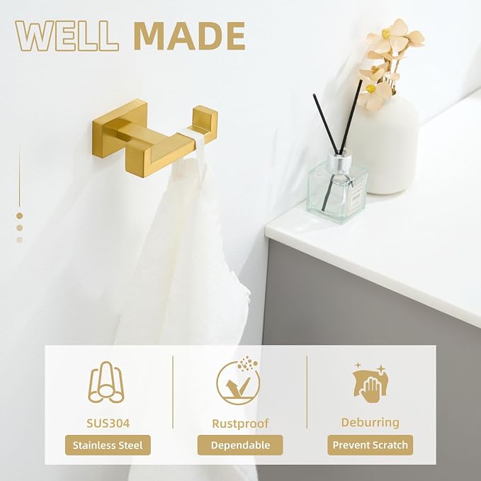 Angle Simple Towel Hook for Bathroom, SUS 304 Stainless Steel Hand Towel Holder, Double Robe Coat Hook for Wall, Brushed Dark Gold