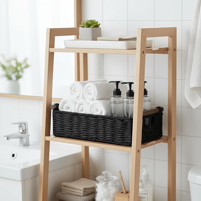 CubesLand Small Wicker Toilet Basket Tray Organizer W/Cut Out Handle, Handwoven Slim Decorative Basket for Countertop, Shelves And for Rustic Home Decor, Living Room, Nursery Organization, Black