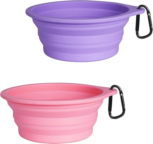 PetBonus 2-Pack Silicone Collapsible Dog Bowls, BPA Free Dishwasher Safe, Portable Foldable Expandable Travel Bowl, Food Water Feeding Cup Dish for Dogs Cats with 2 Carabiners (Purple, Pink) | 20 Oz, Silicone, Foldable Expandable Cat Feeding Cup Dish, ...