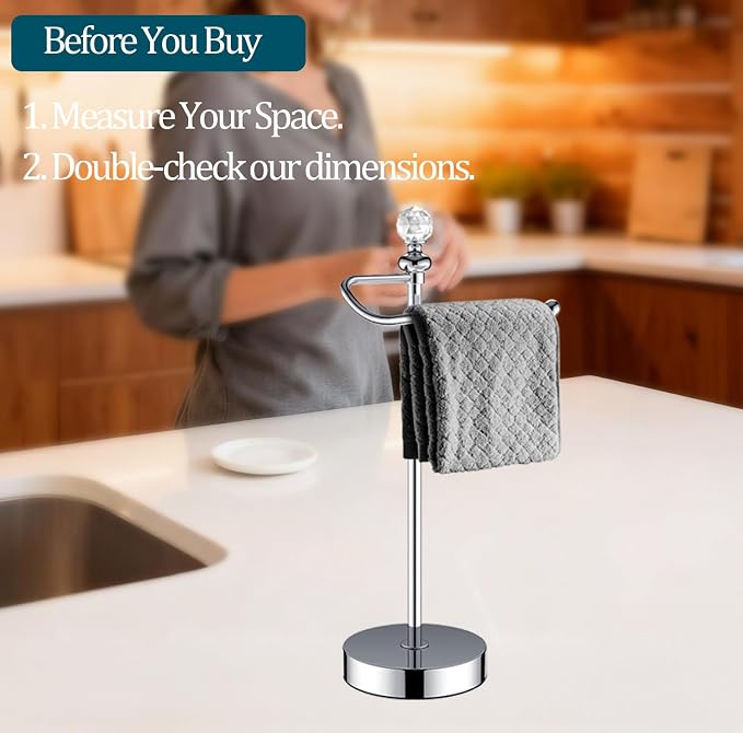 ROLABAM Bath Hand Towel Holder Standing, Stainless Steel Stable Free-Standing Towel Bar for Bathroom Kitchen Countertop, Rustic Towel Ring Stand with Crystal Ball 15.7” H (Polished Chrome, 2 Pack)