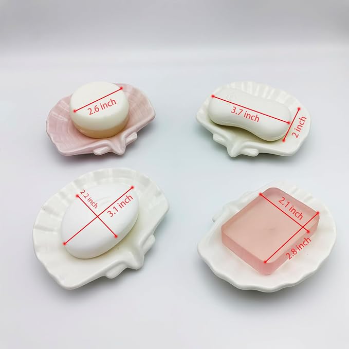 Ceramic Soap Holder, Sea-Shell Soap Tray with Self Draining, Soap Tray for Sink Washroom Bathroom Shower, Small Cute and Elegant Holder with Glaze, Easy Cleaning (Pink)