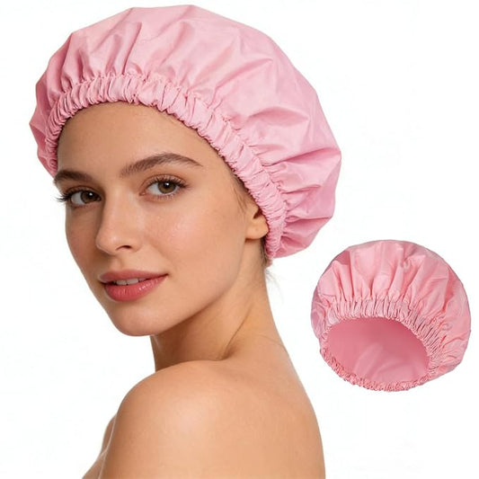 Shower Cap for Women Reusable Waterproof, Large Bath Cap with Elastic Band, Hair Caps for Long Hair and Braids, Pink