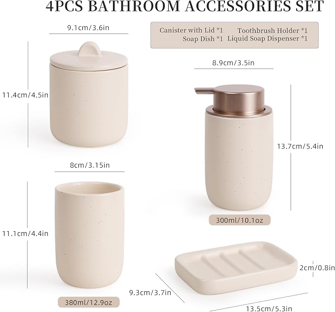 BosilunLife Apricot Ceramic Bathroom Accessories Set of 4 | Bathroom Decor Sets Accessories Bathroom Lotion Soap Dispenser and Toothbrush Holder Set, Soap Dish, Apothecary Jars.(Liquid)