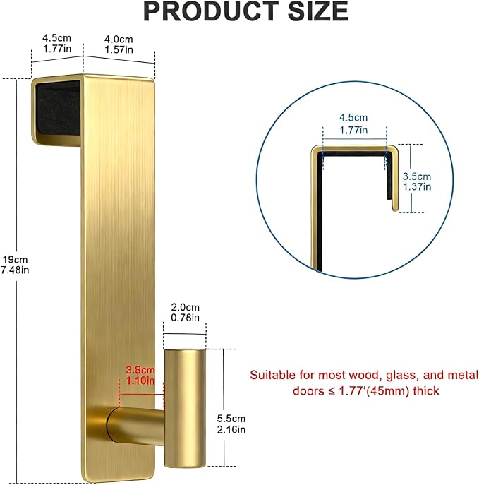 PMMASTO 2-Pack Over The Door Hooks - Rustproof Stainless Steel Door Hangers for 1-3/4 Inch Doors, Non-Marking and Tool-Free Easy Install (Gold, T Shape)