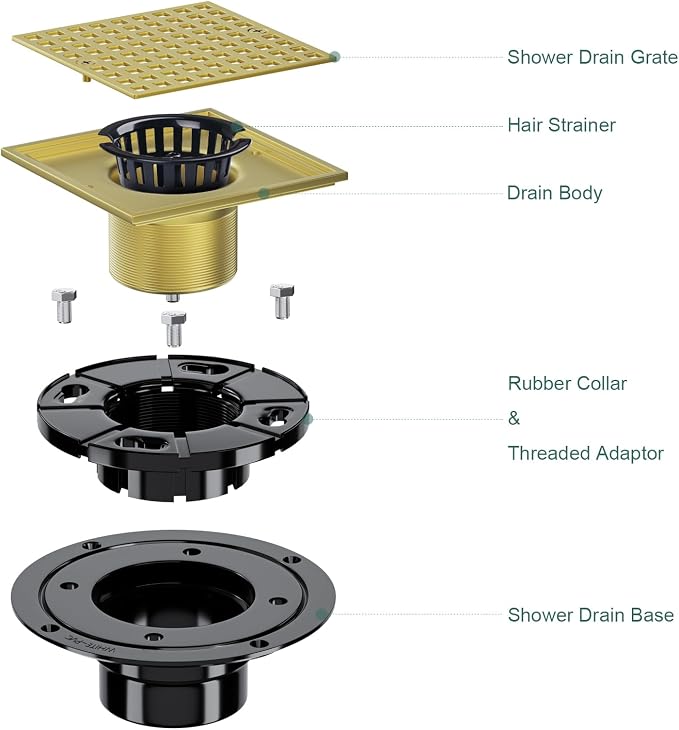 4 Inch Shower Floor Drain with Flange - Square Shower Drain with Hair Strainer - Removable Strainer Cover - SUS304 Stainless Steel - Brushed Gold