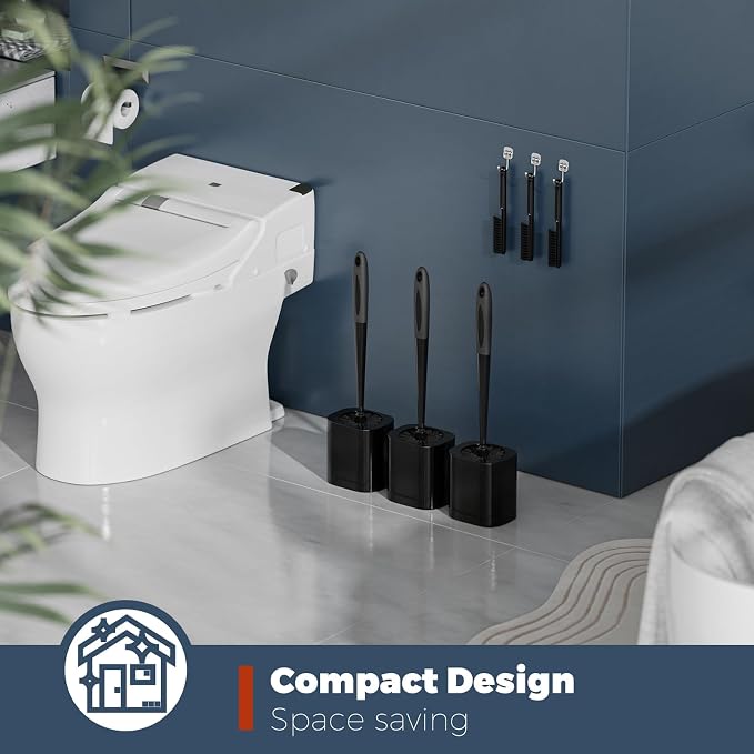 Holaloha Toilet Brush and Holder Set, Space Saving, 3 Pack, Black | Bathroom Accessories, Ergonomic Silicone Handle, Dense Bristles, Deep Cleaning, with 3 Crevice Brushes, Compact Design