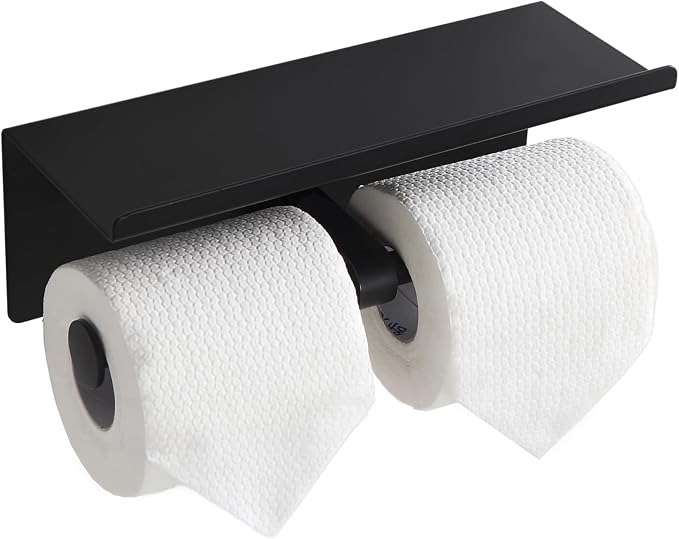 Black Toilet Paper Roll Holder with Shelf Wall Mounted for Bathroom (Black, Double Head)