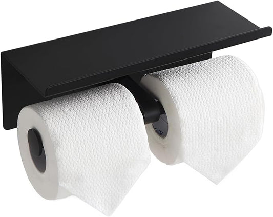 Black Toilet Paper Roll Holder with Shelf Wall Mounted for Bathroom (Black, Double Head)
