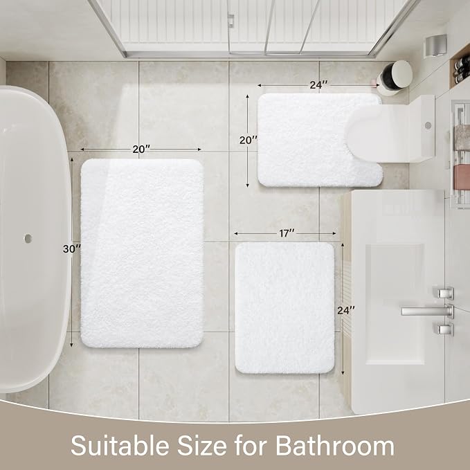 LOCHAS Bathroom Rugs Sets 3 Piece, Microfiber Bath Mat Set Non Slip, White | Washable Absorbent Toilet Rug, Shaggy Soft Cozy Quick Dry