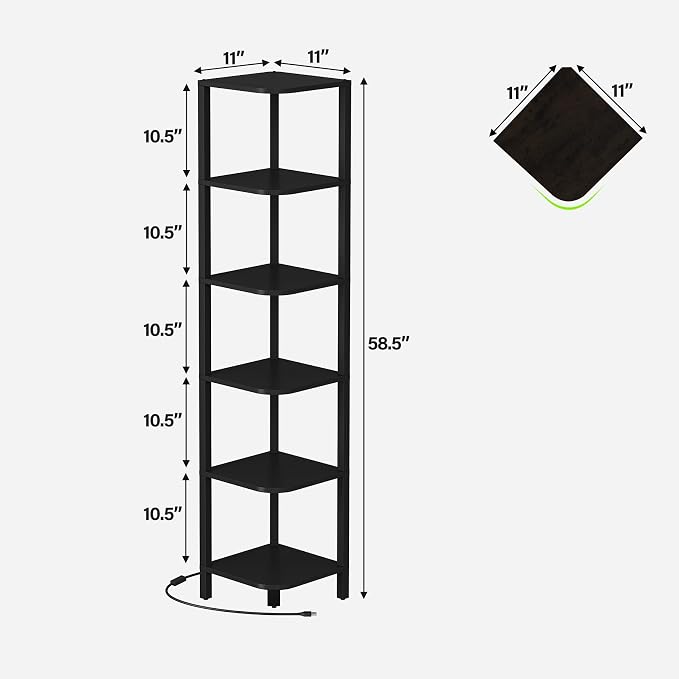 TUTOTAK Corner Shelf with LED Light, 6-Tier Corner Bookshelf for Small Space, Narrow Display Corner Shelf Stand with Storage Rack, for Living Room, Bedroom, Black BS08BK006L