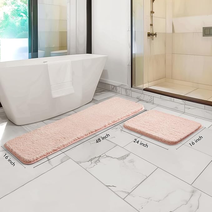 MIULEE Blush Bathroom Rugs Set 2 Piece Soft Bath Mats 16x24+16x48 Inch | Soft Absorbent Microfiber Bath Rugs, Non Slip, Quick Dry, Fluffy Bath Rugs for Bathroom Floor Tub Showers, Machine Washable