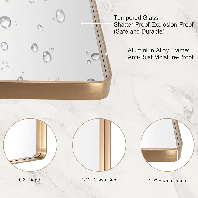 LOAAO 24"X36" Gold Bathroom Mirror | Rounded Rectangle, Brushed Gold Frame, Wall-Mounted, Anti-Rust, Hangs Horizontally or Vertically
